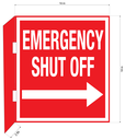 CBS21-03WR 18"w x 18"h "EMERGENCY SHUT OFF" with arrow and with 2" bent bracket with 2ea 52" clamps - White letters on Red background aluminum Sign - double-sided