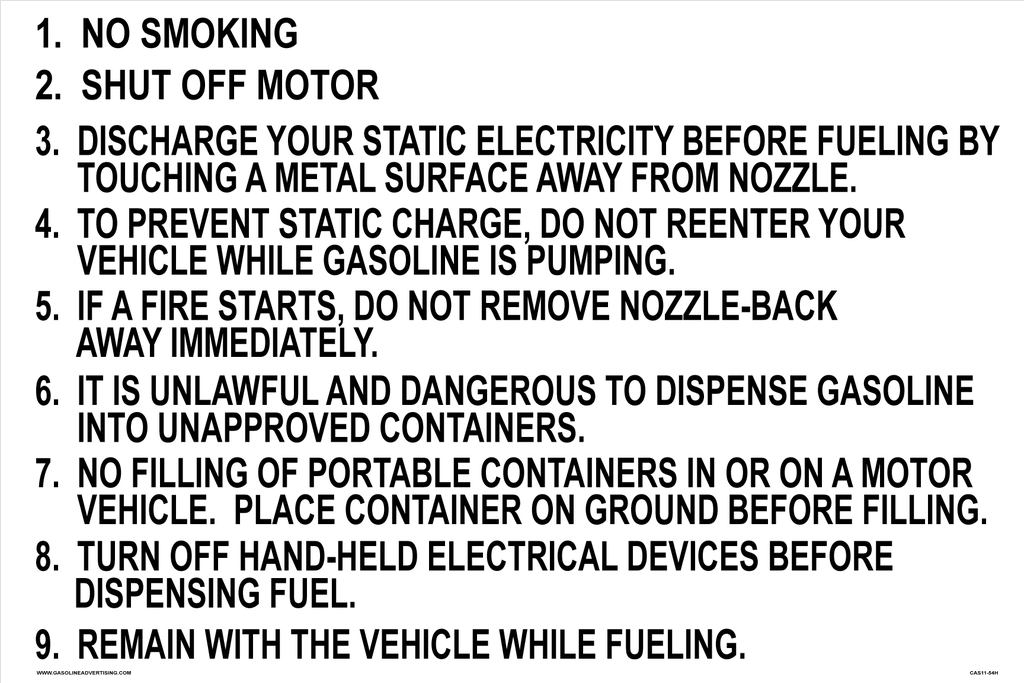CAS11-54H - 24"W x 16"H - 1. NO SMOKING 2. SHUT OFF MOTOR - Black on White Aluminum Sign