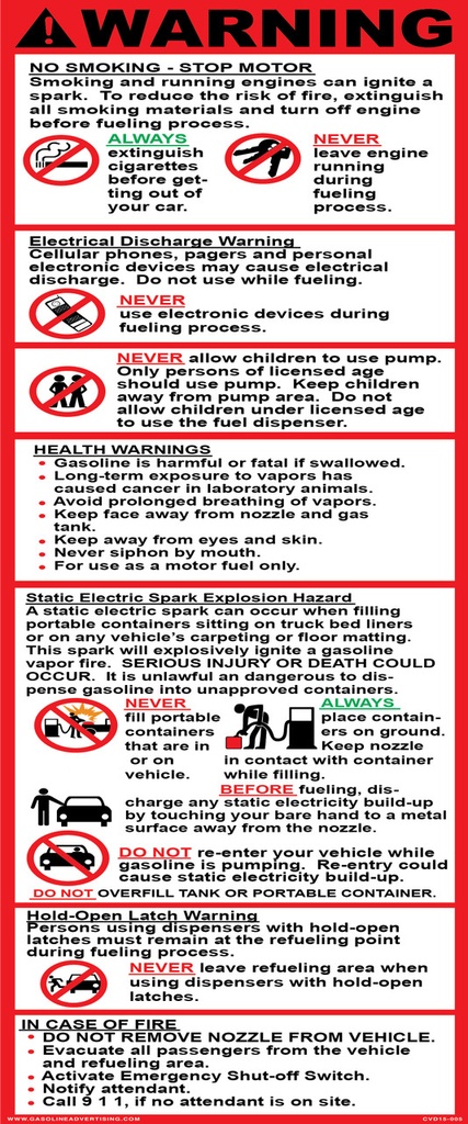 CVD15-005 - 5"W X 12"H - ! WARNING... Gasoline - Decal