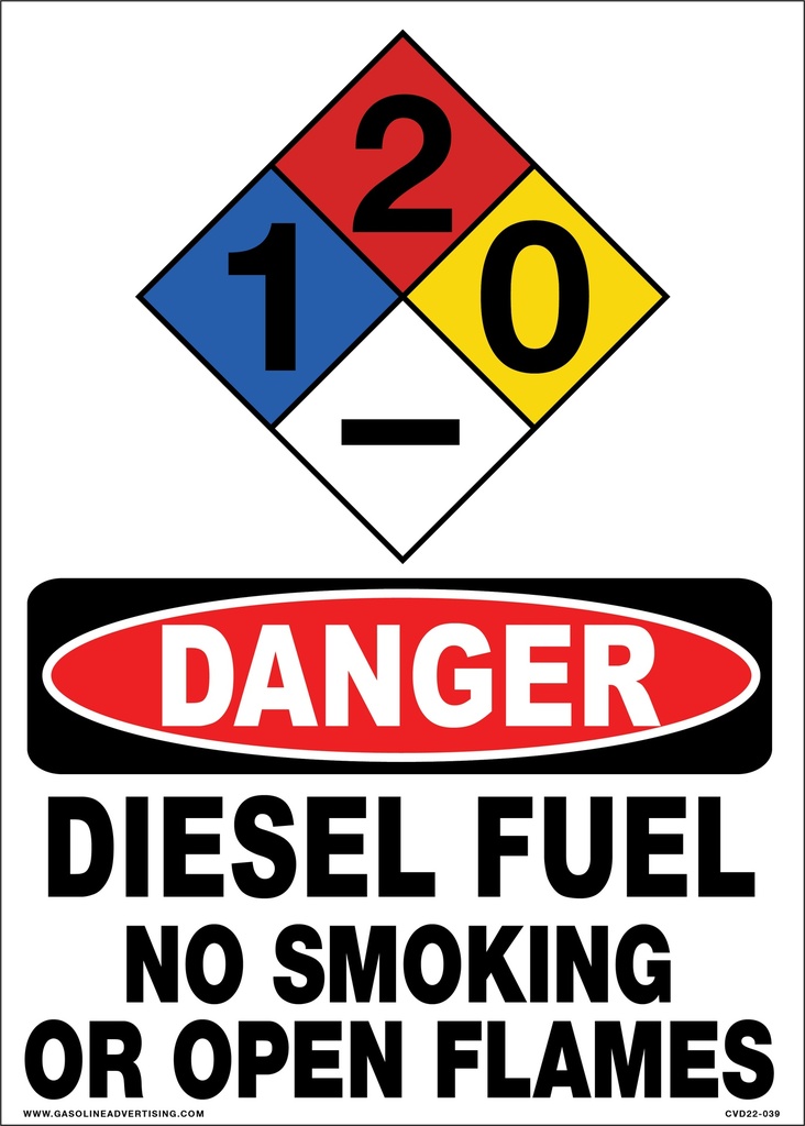CVD22-039 - 10"W x 14"H - 10"w x 14"h "DANGER DIESEL FUEL NO SMOKING NO OPEN FLAMES" with NFPA diamond for Diesel - 1-2-0 White Decal