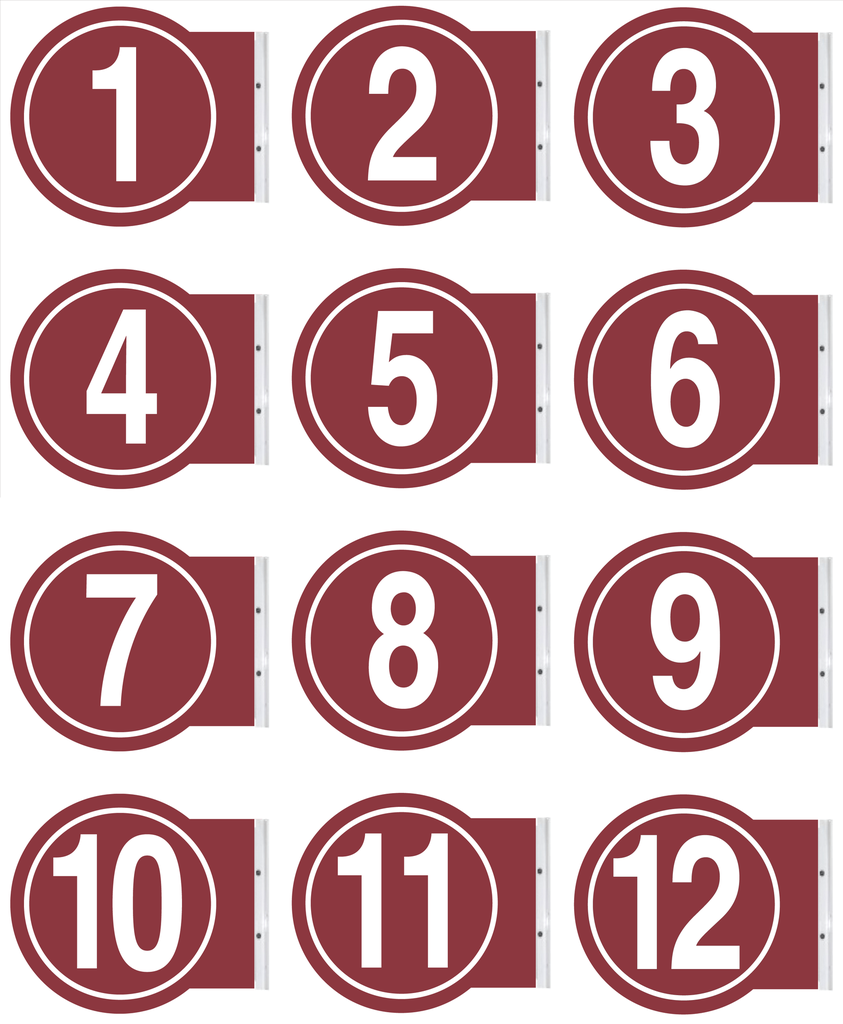 10" ROUND PUMP #'s - Powdercoated Burgundy with White #'s 1 - 12 per set
