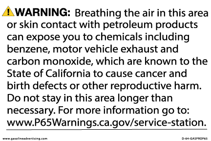 D-64-GASPROP65 - 6"W X 4"H - Prop65 Warning - Black on White Decal