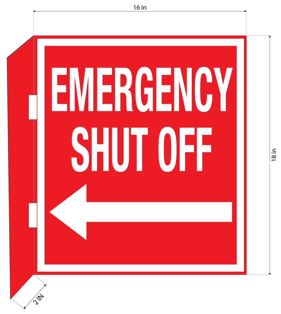 CBS21-03WR 18"w x 18"h "EMERGENCY SHUT OFF" with arrow and with 2" bent bracket with 2ea 52" clamps - White letters on Red background aluminum Sign - double-sided