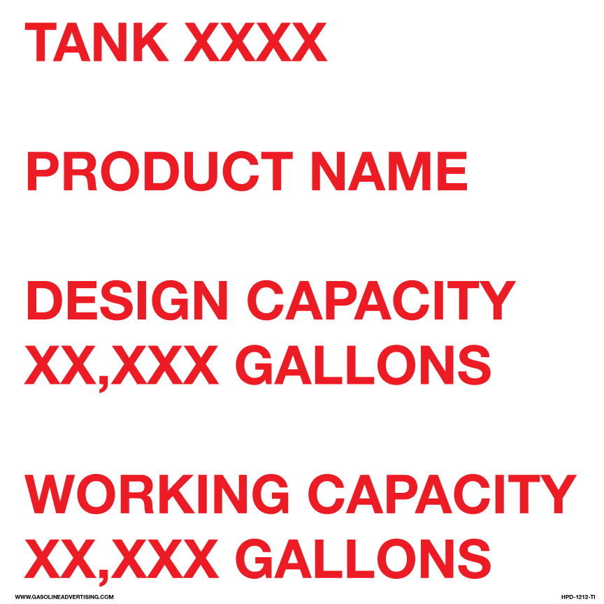 HPD-1212-TI - 12" x 12" 3M Laminated Decal - TANK INFO PRODUCT NAME DESIGN AND WORKING CAPACITY