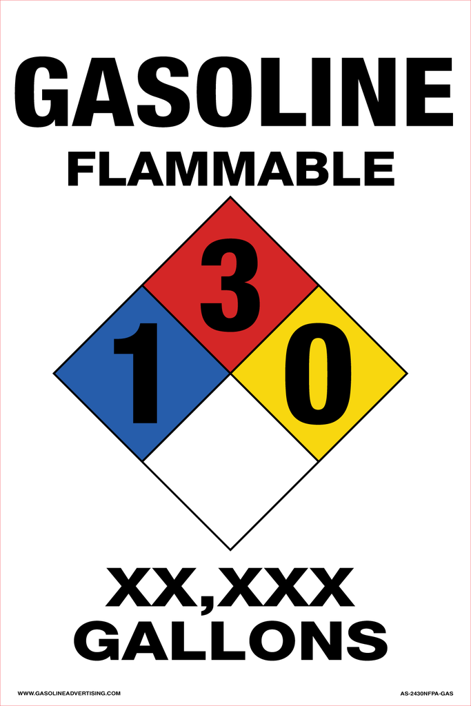 AS-1624NFPA-GAS - 16"W x 24"H  GASOLINE FLAMMABLE GALLONS with NFPA Diamond Color Code - Black on White Aluminum Sign