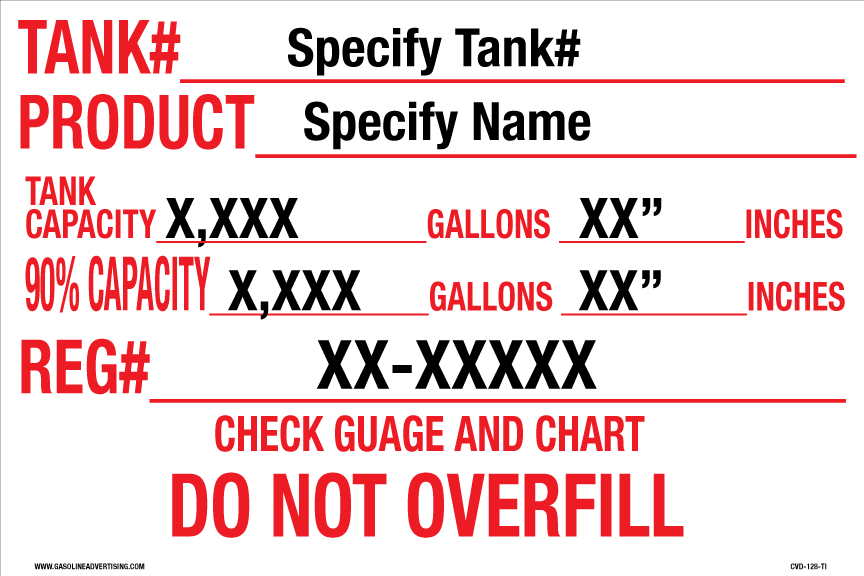 CVD-128-TI - 12"W X 8"H - Tank # - Product - Tank and 90% Capacity - Registration# - Red on White background Decal