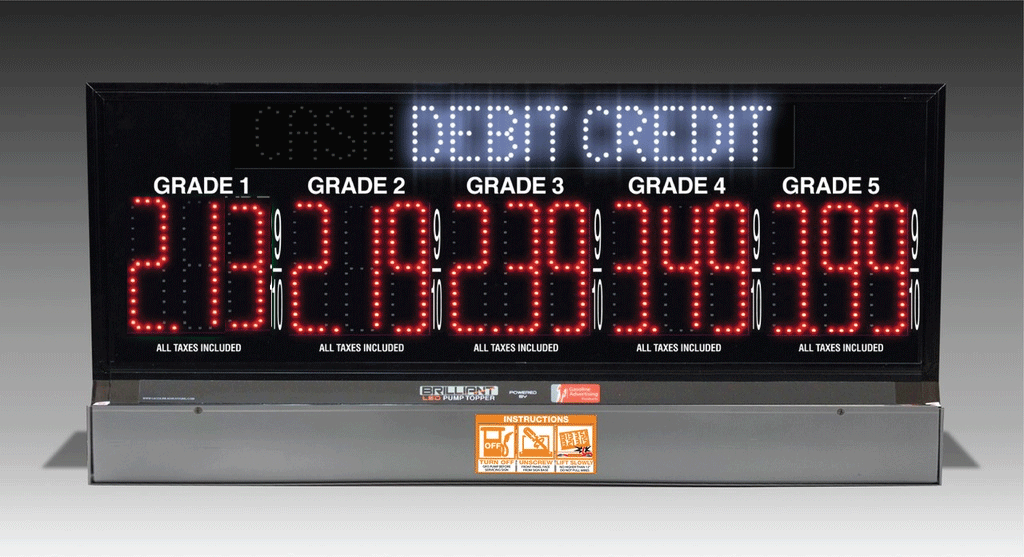 5 GRADES XL500 SERIES CASH/DEBIT/CREDIT TOGGLING PUMP TOP LED FUEL PRICE SIGN WITH 4.75" LED DIGITS