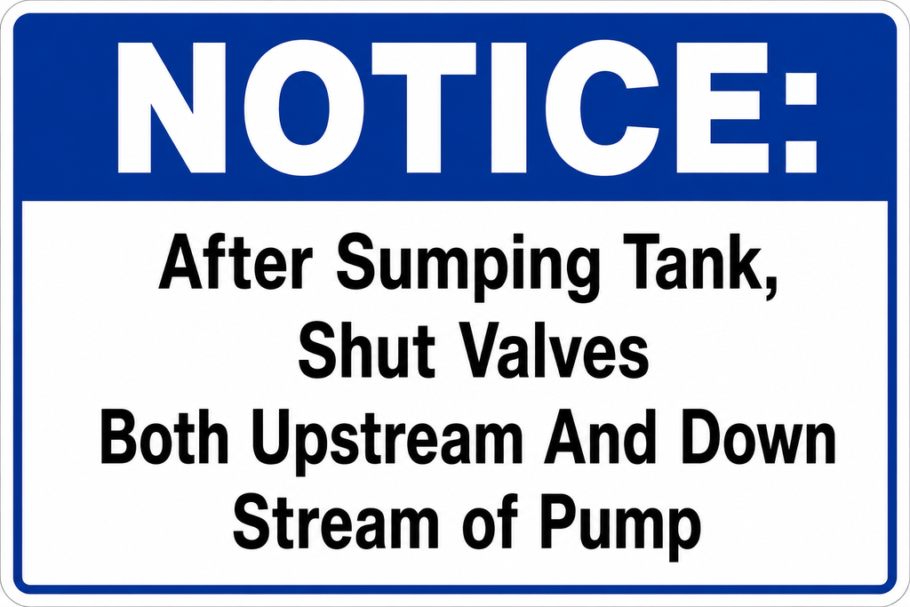 CVD-126-UPDST 6"X 12"Decal "NOTICE: After Sumping Tank, Shut Valves Both Upstream And Down Stream of Pump"