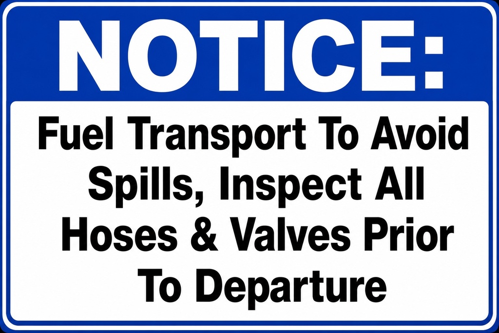 CAS-1812-INSP 18" X12"Aluminum Sign"NOTICE: Fuel Transport To Avoid Spills, Inspect All Hoses & Valves Prior To Departure"