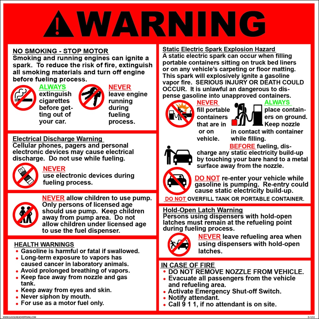 HPD-1818-WARN - 18" x 18" Fueling Instruction Decal - WARNING... Gasoline - 3M Decal