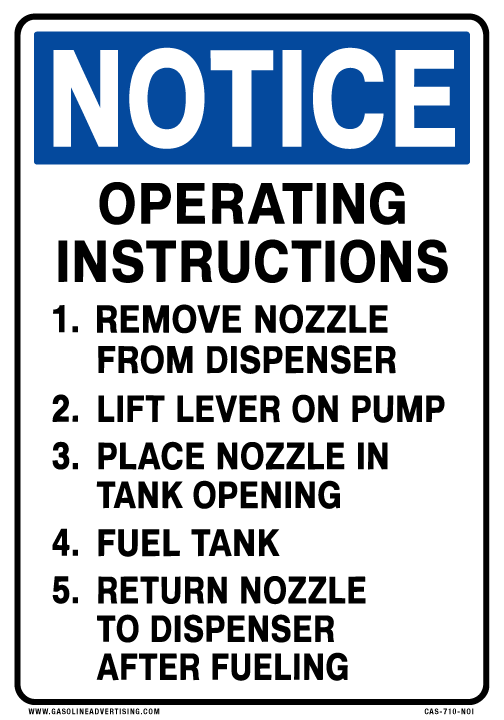 7"W X 10"H "NOTICE OPERATING INSTRUCTIONS..." Black / Blue on White background Aluminum