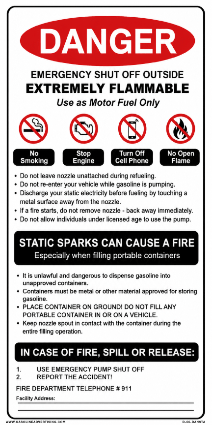 6"w X 12"h "Danger Emergency Shut Off Outside..." Black / Red on White background Decal