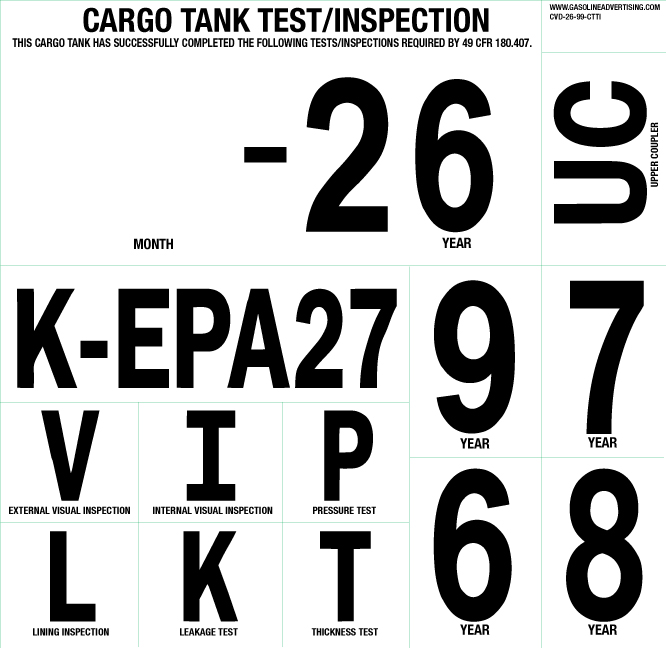 9.25"w x 9"h - Cargo Tank Test/Inspection Visual K-EPA27  Black letters on White background