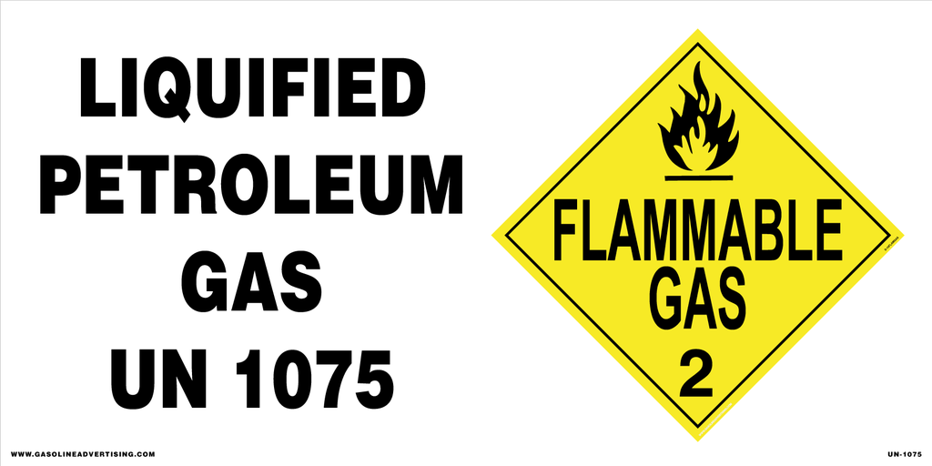 AS-UN-1075 24" x 12" "Liquified Petroleum Gas UN1075" Yellow Diamond "Flammable Gas 2" Aluminum Sign Black on White background