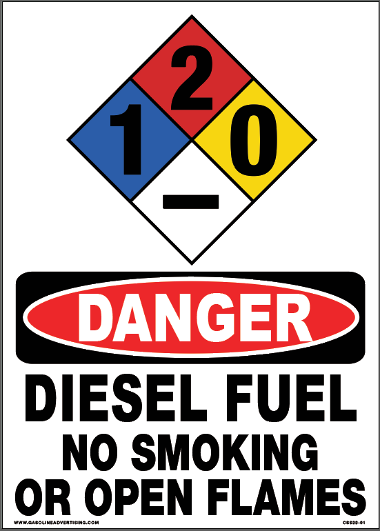 CAS22-01 - 10"w x 14"h "DANGER DIESEL FUEL NO SMOKING NO OPEN FLAMES" with NFPA diamond for Diesel - 1-2-0 , White Foam Core Aluminum