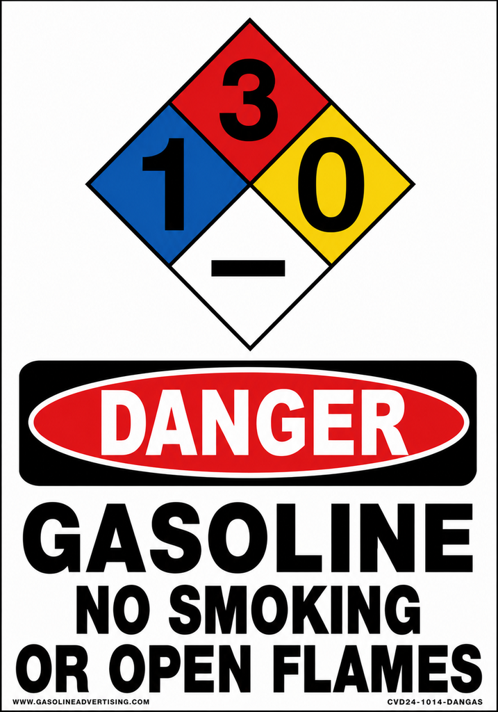 CVD24-1014-DANGAS - 10"W x 14"H - 10"w x 14"h "DANGER GASOLINE NO SMOKING NO OPEN FLAMES" with NFPA diamond for Gasoline - 1-3-0 White Decal