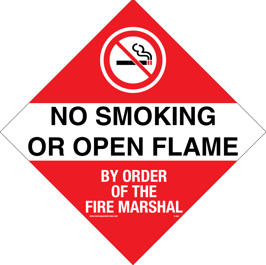 D-965 9" x 9" - No Smoking Or Open Flame - By Order of the Fire Marshall - White/Black on Red background Decal