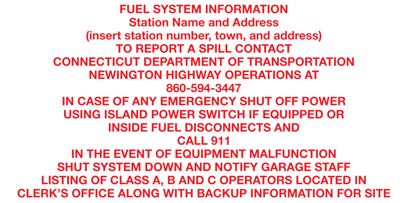 CES-2412-FSI - FUEL SYSTEM ISLAND, ½” high lettering R/W - Engraved Plastic - Red on White