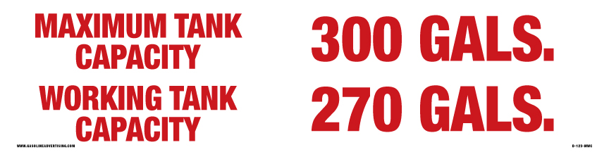 D-123-MWC - 12"W X 3"H - Maximum Tank Capacity and Working Tank Capacity - Red on White Decal