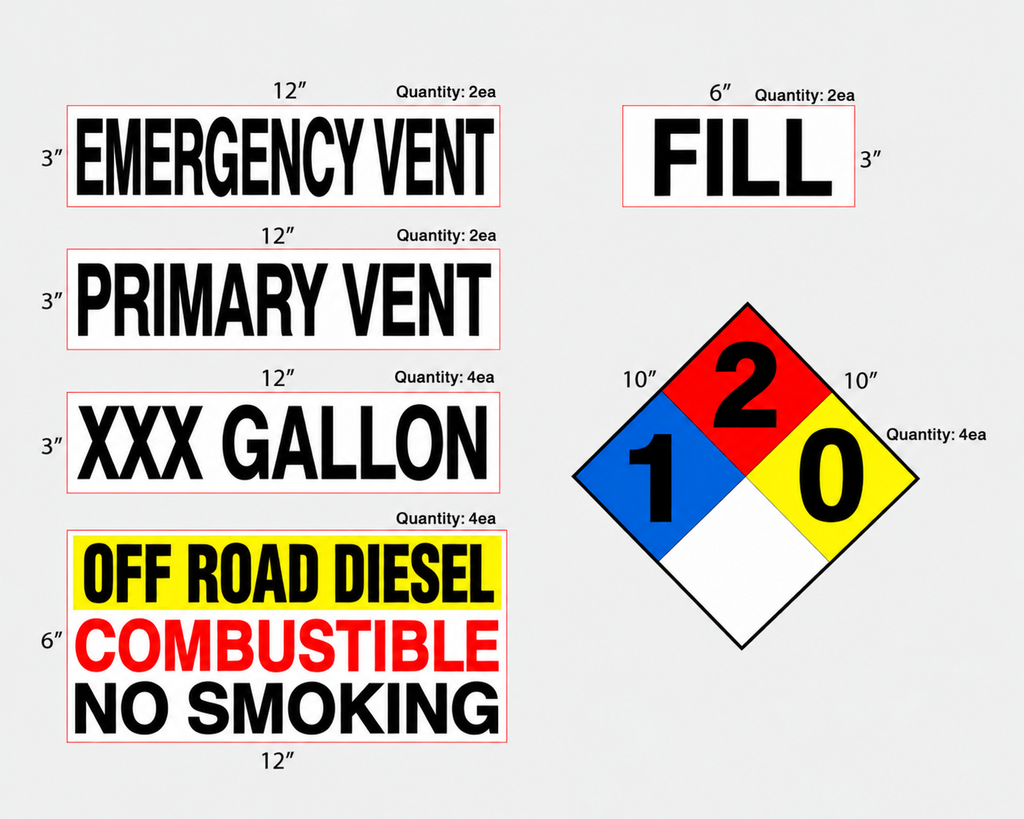 AST Gasoline High Performance Graphic Kit - NFPA & Tank 3M Decals - 2 ea. - 12"w x 3"h Emergency Vent Decal 2 ea. - 12"w x 3"h Primary Vent Decal  4 ea. - 12"w x 3"h xxx Gallon Decal  2 ea. - 6"w x 3"h Fill Decal  4 ea. - 12"w x 6"h Product Decal  4 ea. - 10"w x 10"h NFPA Decal - 3M Decal with lamination (copy)