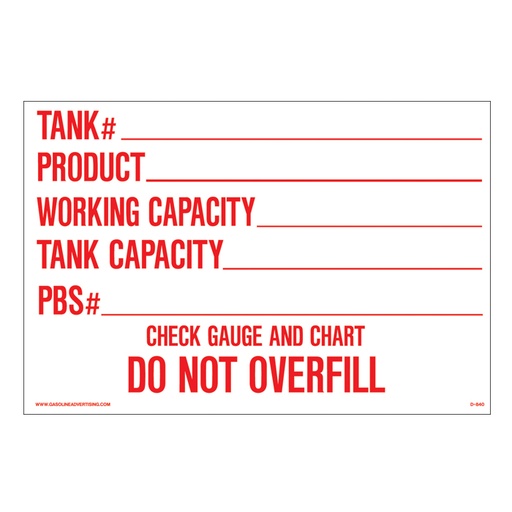 AST & Bulk Fuel Plant Decal - TANK# PRODUCT WORKING CAPACITY TANK CAPACITY PBS#
