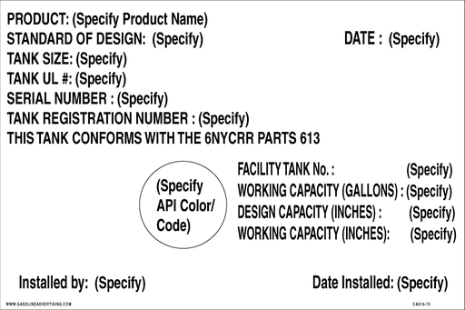 [CAS15-18C] CAS15-18C - 12"W X 8"H - " THIS TANK..." w/ API Symbol and API Color Code Black 1/2' high letters on White Background Aluminum Signs - Various Info