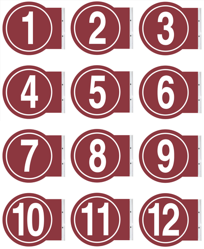 [PS10-0112STW-SET] 10" ROUND PUMP #'s - Powdercoated Burgundy with White #'s 1 - 12 per set