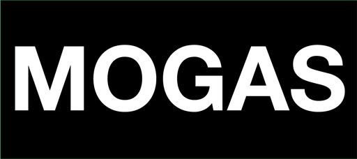 D-188-MOGAS - 18"W X 8"H - MOGAS - White on Black Decal