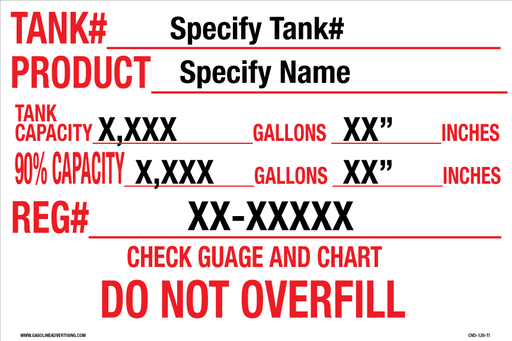 CVD-128-TI - 12"W X 8"H - Tank # - Product - Tank and 90% Capacity - Registration# - Red on White background Decal
