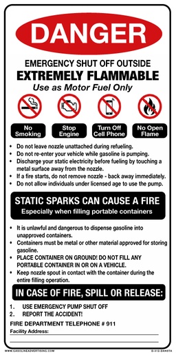 [D-612-DANSTA] 6"w X 12"h "Danger Emergency Shut Off Outside..." Black / Red on White background Decal