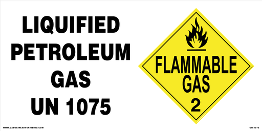 [AS-UN-1075] AS-UN-1075 24" x 12" "Liquified Petroleum Gas UN1075" Yellow Diamond "Flammable Gas 2" Aluminum Sign Black on White background